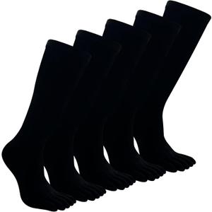 Toe Socks Athletic for Men - Women Five Finger Socks Cotton High Crew Socks for Running Sports Hiking 5 Pairs 6-12 (Black)