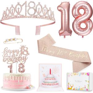 8pcs 18th birthday decorations for girls, Including 18th Happy Birthday Cake Toppers, Birthday Queen Sash with Pearl Pin, Sweet Rhinestone Tiara Crown, Number Candles and Balloons Set, Rose Gold