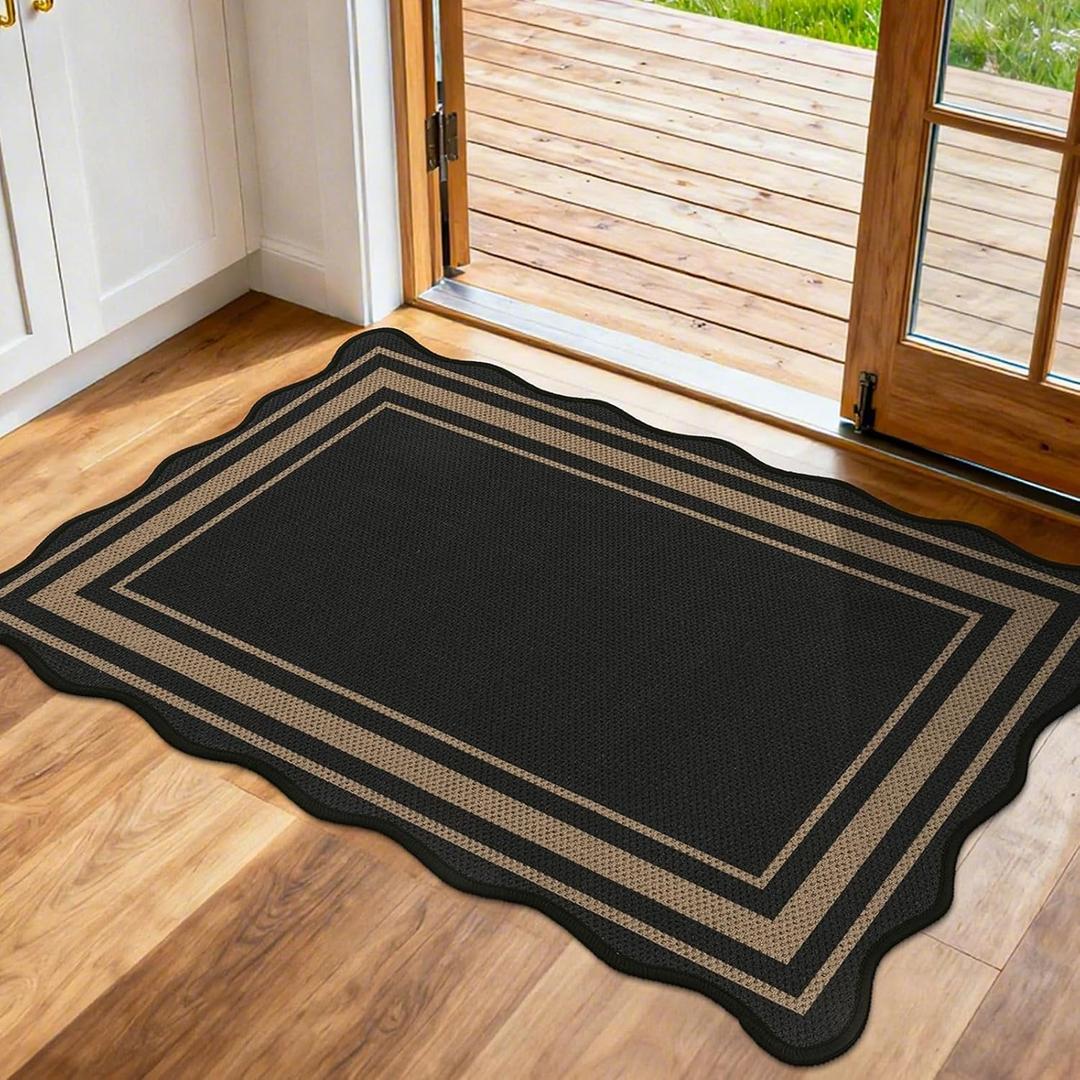 SHACOS 2x3 ft Washable Indoor Door Mat Scalloped Non Slip Woven Texture Geometric Farmhouse Modern Carpet for Porch Entryway Hallway Kitchen Indoor Outdoor Patio Black