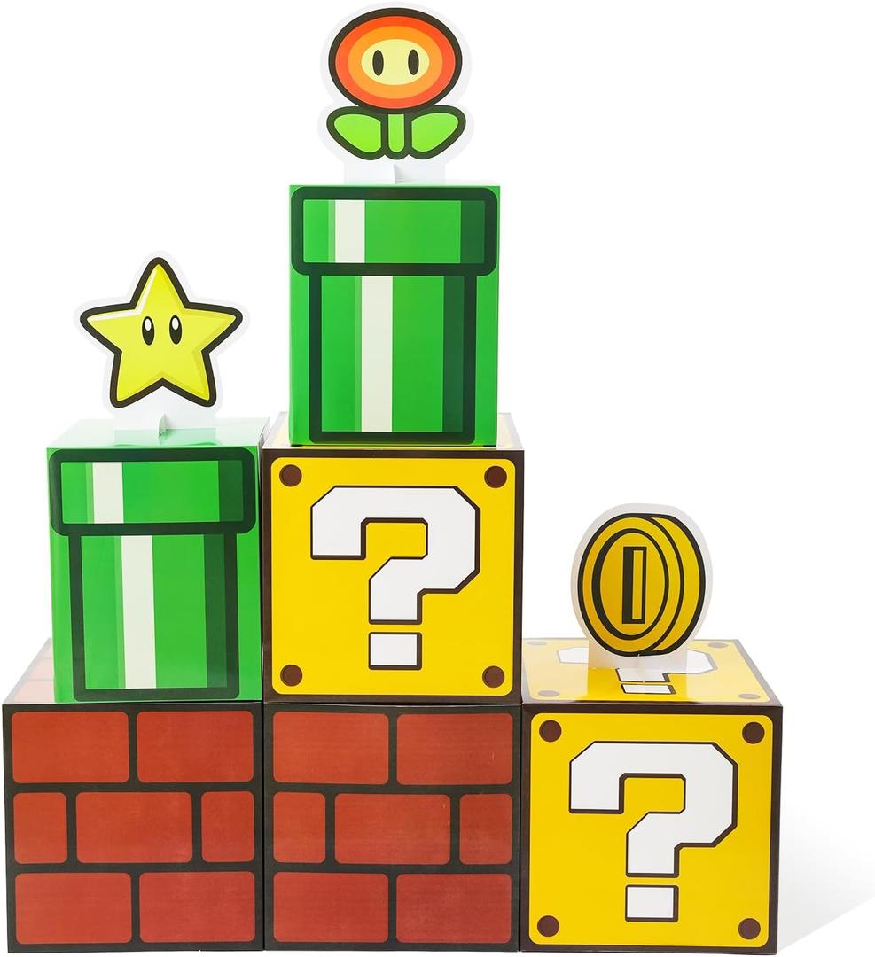 6PCS Big Party Boxes with 6 Set Centerpieces, Question Brick Pipe Boxes for Birthday Party Decorations Game Party, Christmas Halloween Classroom Supplies Favor. (11.8 x 11.8 Inch)