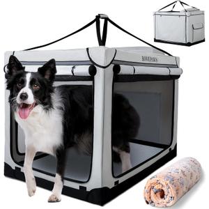 Soft Collapsible Dog Crate - 36 Inch Portable Travel Crate with Extra Space Indoor & Outdoor, 4-Door Foldable Pet Kennel with Durable Mesh Windows, Light Gray (36.0"L x 24.0"W x 28.0"H)