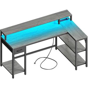 SUPERJARE 53 inch Reversible L Shaped Desk with LED Lights & Power Outlets, Computer Desk with Shelves & Monitor Stand, Gaming Desk with Drawer, Home Office Desk Corner Desk, Grey