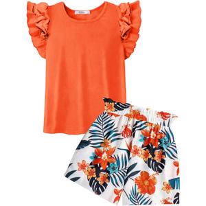 Arshiner Girls 2 Piece Outfits Summer Clothes Ruffle Short Sleeve Shirts Top and High Waist Paper Bag Shorts Set with Pockets. 8-9Y