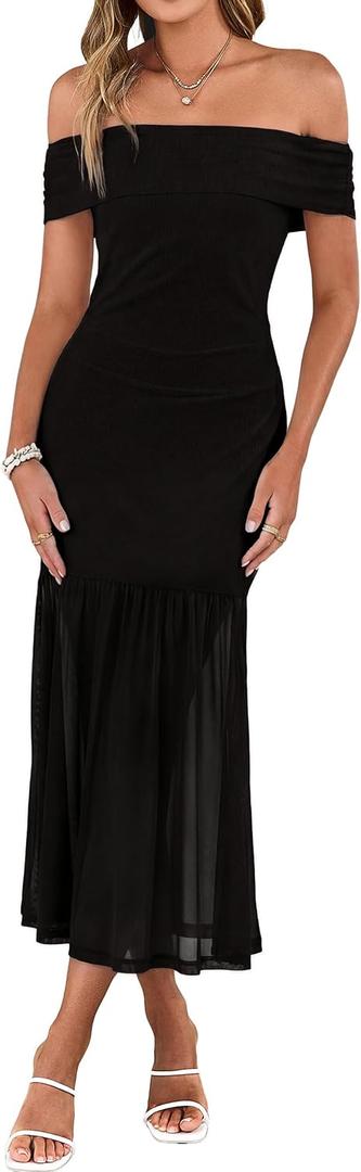 Simplee Womens Summer Off Shoulder Maxi Dress 2026 Ruched Bodycon Flowy Tulle Formal Cocktail Wedding Guest Long Dresses S