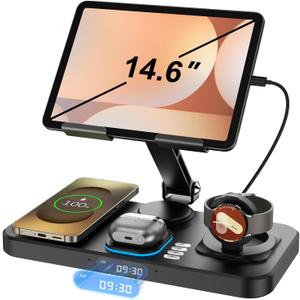 30W Wireless Charger for Samsung/Android Mag-Safe Charging Station with Clock/Light for Samsung S25/S24/S23 Ultra/Buds, for iPad/Tablet Stand, Watch Charger Only for Galaxy Watch 7/6/5,Carbon Black