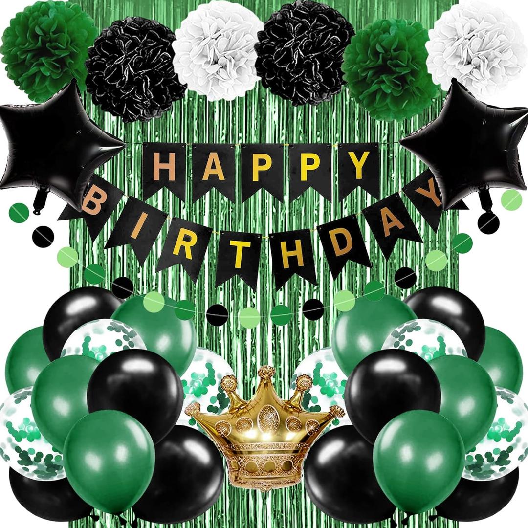 Birthday Decorations for Men Green and Black Party Decorations for Boy Happy Birthday Banner Fringe Curtains Confetti Latex Balloon Foil Balloon Party Supplies