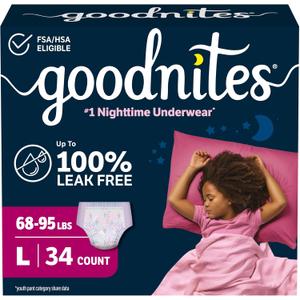 Goodnites Girls' Nighttime Bedwetting Underwear, Size Large (68-95 lbs), 34 Ct (2 Packs of 17), Packaging May Vary
