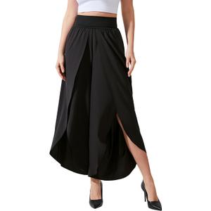 Wide Leg Pants for Women Split Flowy Palazzo High Waisted Summer Beach Casual Crop with Pocket (XX-Large, Black)