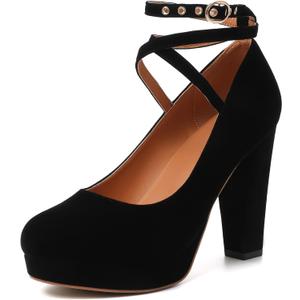 Mostrin Black Chunky High Heels for Women Sexy Closed Toe Platform Pumps with Buckle Strap Mary Jane Dress Shoes for Formal Prom Party Size 8