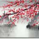 Handmade Traditional Chinese Oil Painting Pink Plum Blossom Canvas Wall Art Modern Black and White Landscape Artwork, 40"L x 20"W
