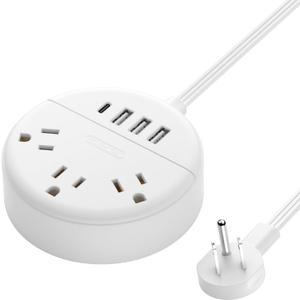 Flat Plug Power Strip with USB Ports, NTONPOWER Nightstand Desktop Charging Station with 5ft Short Extension Cord, Wall Mount, Small Size for Dorm Room Nightstand Office, Travel, White