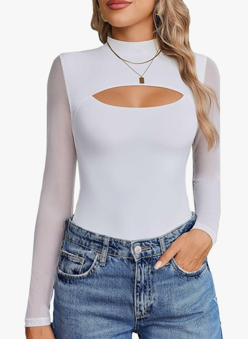 Avidlove Women Long Sleeve Thong Bodysuit Turtle Neck Shapewear Sexy Mesh Top Double Lined Cutout Shirt, Small, White 