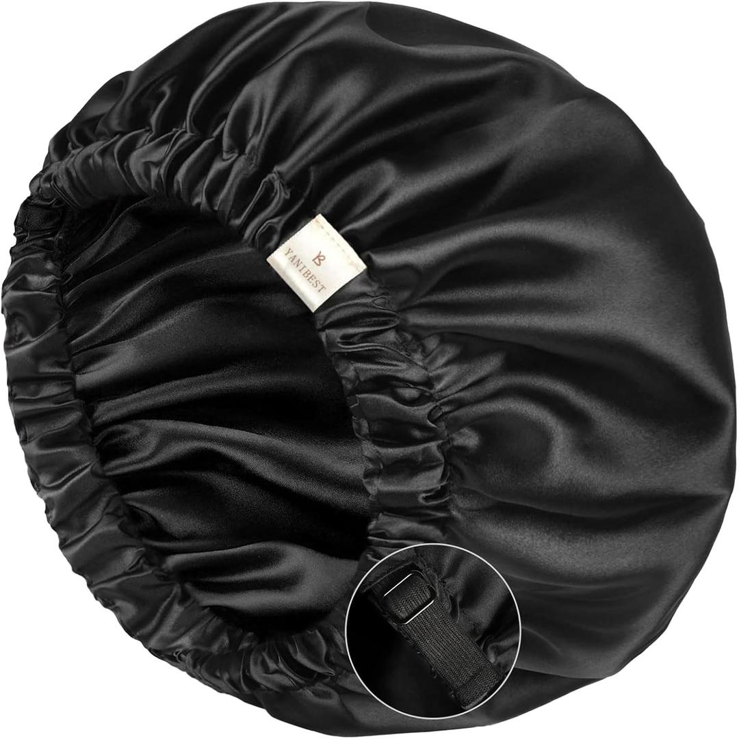 YANIBEST Silk Bonnet Satin Bonnet for Sleeping Women and Men, Adjustable Double Layer Hair Bonnet for Curly Braids Hair (Large, 02-black)