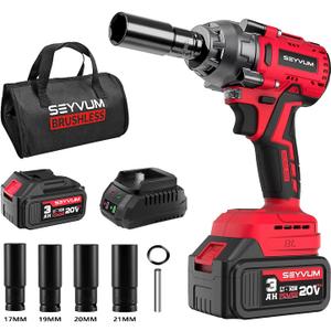 SEYVUM Impact Wrench,1/2" Impact Gun, Power Impact Driver Max Torque 320 Ft-lbs (430N.m), Cordless Impact Wrench with 20V Brushless Motor, 3.0Ah Li-ion Battery with Fast Charger, 4 Pcs Impact Sockets