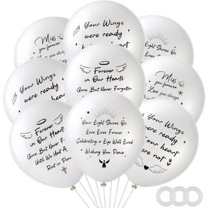60 Pcs Memorial Balloons 12 Inch Latex Balloons with Ribbons for Memorial Day Funeral Decoration White