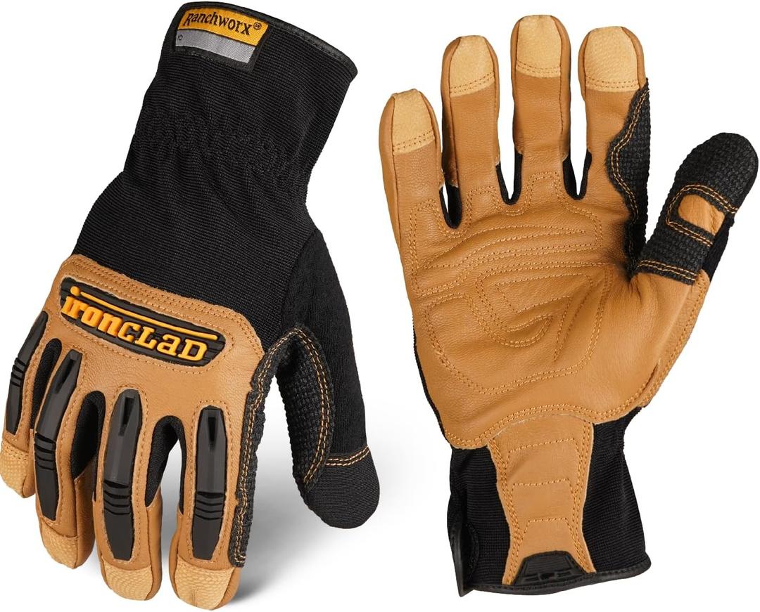 Ironclad Ranchworx Work Gloves RWG2, Premier Leather Work Glove, Performance Fit, Durable, Machine Washable, (1 Pair), RWG2-04-L,Brown/Black