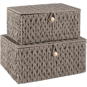 OIAHOMY Wicker Storage Basket with Lid & Lock, Lidded Storage Bins, Decorative Baskets for Organizing, Set of 2-Grey