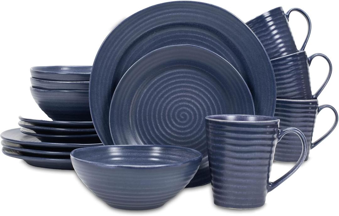Elanze Designs Charming Chic Ribbed Modern Thrown Pottery Look Ceramic Stoneware Plate Platter Mug & Bowl Kitchen Dish Dinnerware 16 Piece Set - Service for 4, Navy Royal Blue