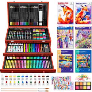 POPYOLA Art Supplies, 269 Piece Deluxe Art Set with 6 Drawing Pads, Watercolor Paints, Crayons, Colored Pencils Set in Wooden Case, Creative Gifts for Artists Adults Kids (Brown)