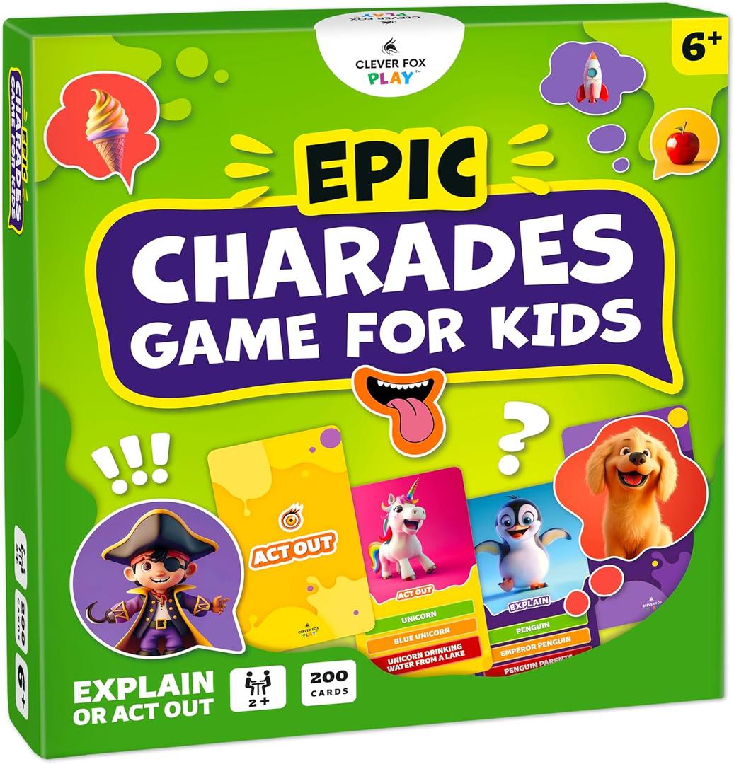 Clever Fox Play Epic Charades Game for Kids Ages 6+  200 Act Out & Explain Cards with Illustrations & Timer  Fun Educational Games for Kids 8-12 for Family, Party, Classroom & Travel (Original)