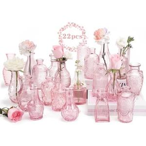 BEAHOT 22 Pack Pink Flower Vase in Bulk,Mini Vintage Glass Bud Vases for Centerpieces,Wedding Decor,Party & Home Decaration,Mother's Day (Pink)