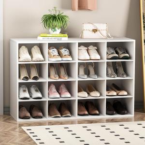 Garden 4 you Shoe Storage Bench, Cubby Shoe Rack with 16 Cubbies, 4-Tier Wood Shoe Rack Organizer, Shoe Organizer Cabinet for Entryway, Hallway, Closet and Garage, White, 16-cube 4-tier