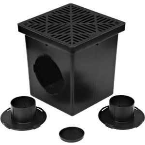NDS 1200BKITRTL1PK Square Catch Basin Drain Kit with 2-Opening Catch Basin Drain, 2 Adapters, 1 Outlet Plug, and 1 Plastic Drain Grate, 12-Inch, for Lawns, Landscaped Areas, Black