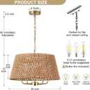 20" Large Rattan Chandeliers for Dining Room, 5-Light Farmhouse Wicker Boho Chandelier with T-Shape Shade Rattan Ceiling Pendant Light Fixture for Bedroom Hallway Kitchen Island(Gold)