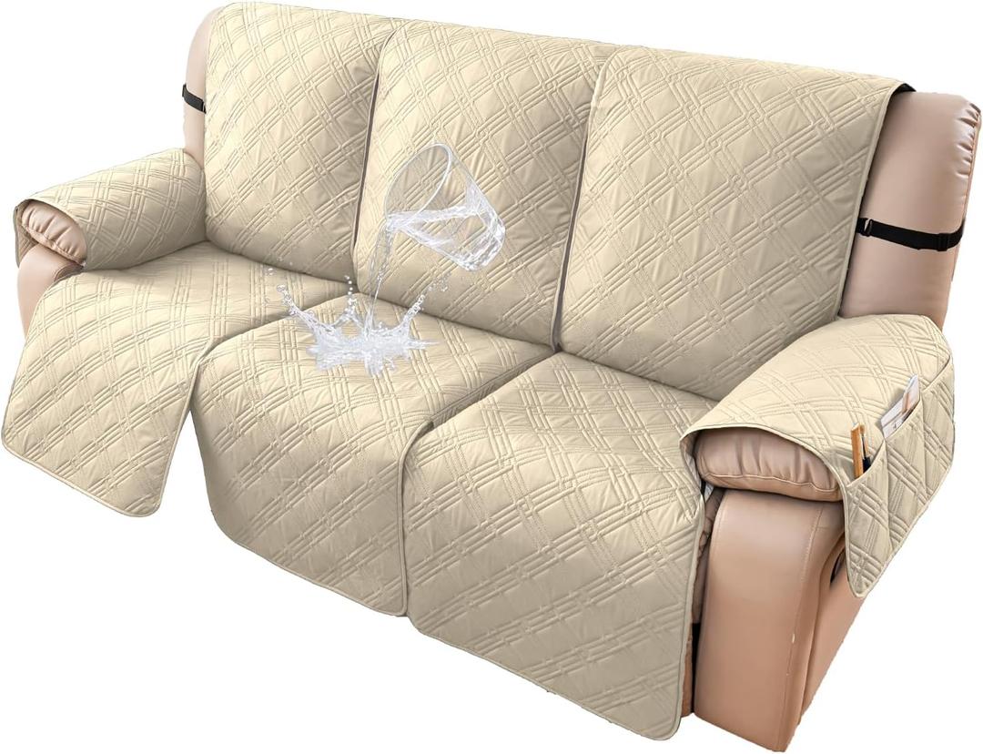 100% Waterproof Recliner Couch Covers, Non Slip Sofa Cover Recliner Cover for 3 Cushion Couch, Washable Large Recliner Couch Cover with Elastic Straps for Kids, Pets (3 Seater, Beige)