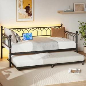 IDEALHOUSE Twin Daybed with Trundle, Day Bed with Charging Station and LED Lights, Heavy Duty Metal Bed Frame, Metal Sofa Bed Frame with Steel Slat Support for Living Room, Bedroom, Apartment, Black