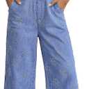 luvamia Denim Bib Overalls Women Wide Leg Capri Loose Fit Jean Jumpsuits for Women Casual Summer Stretchy Embroidered Overall Raw Hem Floral Medium Blue Small, US Size 4-6. S Size