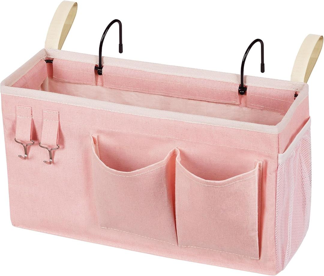 Loghot Bedside Caddy/Bedside Storage Bag Hanging Organizer for Bunk and Hospital Beds,Dorm Rooms Bed Rails,Can be Placed Glasses,Books,Mobile Phones,Keys (Light Pink)