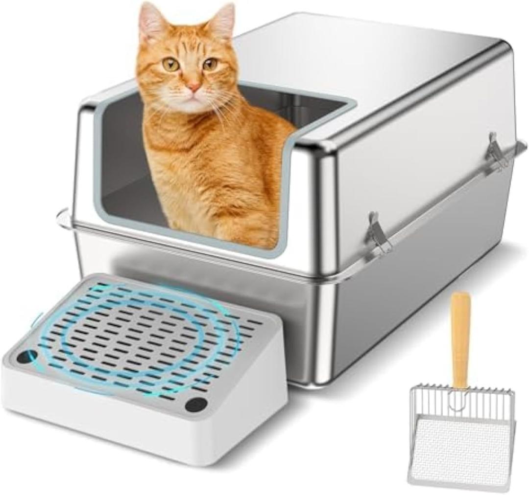 Stainless Steel Cat Litter Box with Lid, Odour Proof Litter Pan, Non-Stick, Easy to Clean, Rust Resistant, Non-Slip Rubber Feet