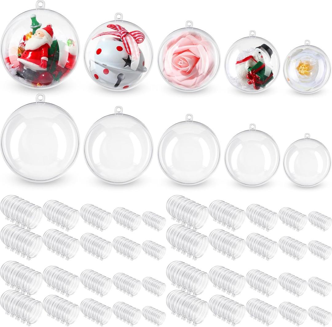 Jenaai 200 Pcs DIY Clear Fillable Christmas Ornament 5 Sizes Plastic Hanging Spheres Decorative Balls for Christmas Party Holiday Valentine's Day Wedding Home Decor