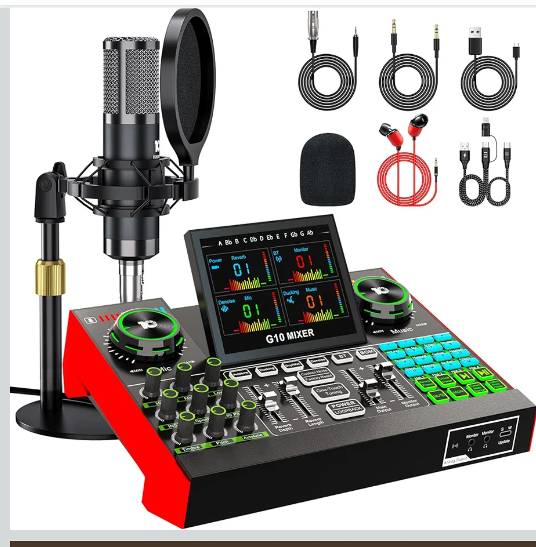 Podcast Microphone Bundle with Live Sound Board Audio Mixer, Podcast Equipment Bundle with 3.5mm Condenser Microphone(P15) for Pc/Phone Live Streaming Singing Gaming, Voice Changer, Denoise
