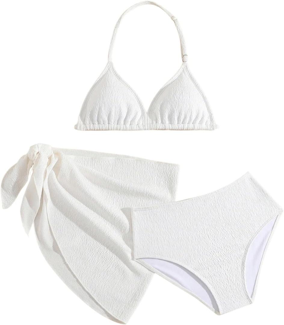 SHENHE Girl's 3 Pieces Halter Triangle Bikini Sets Spaghetti Strap Swimsuit Smocked Bathing Suit with Beach Skirt