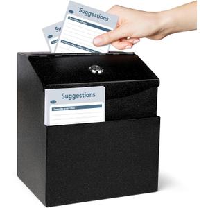 Suggestion Box with Slot and Lock, Metal Wall Mounted Ballot and 50 Free Suggestion Cards,Donation Boxes for Fundraising with 2 Keys 8.4 x 5.8 x 7.0 inch,Black (1 Pack)