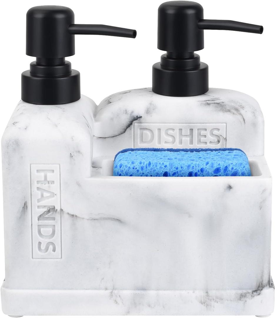 Kitchen Hand Soap and Dish Soap Dispenser Set,Dual Soap Dispenser with Sponge Holder 3-in-1 Organizer for Kitchen Sink,Bathroom,Useful Kitchen Gadgets - White Marble Look