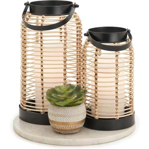 Natural Rattan Boho Lanterns - Handcrafted Chic Decor to Enhance Your Home - Modern Farmhouse Beauty Perfect for Any Living Room, Patio & Porch, Indoor and Outdoor Coffee Table or Kitchen Dining Table