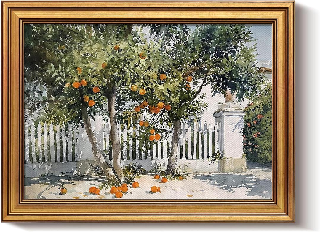 Bzstyleart Vintage Wall Art Decor for Living Room, Gold Framed Canvas Wall Art Home Decor Aesthetic, Orange Courtyard Prints, Canvas Picture Print Artwork, 12 x 16 Inch
