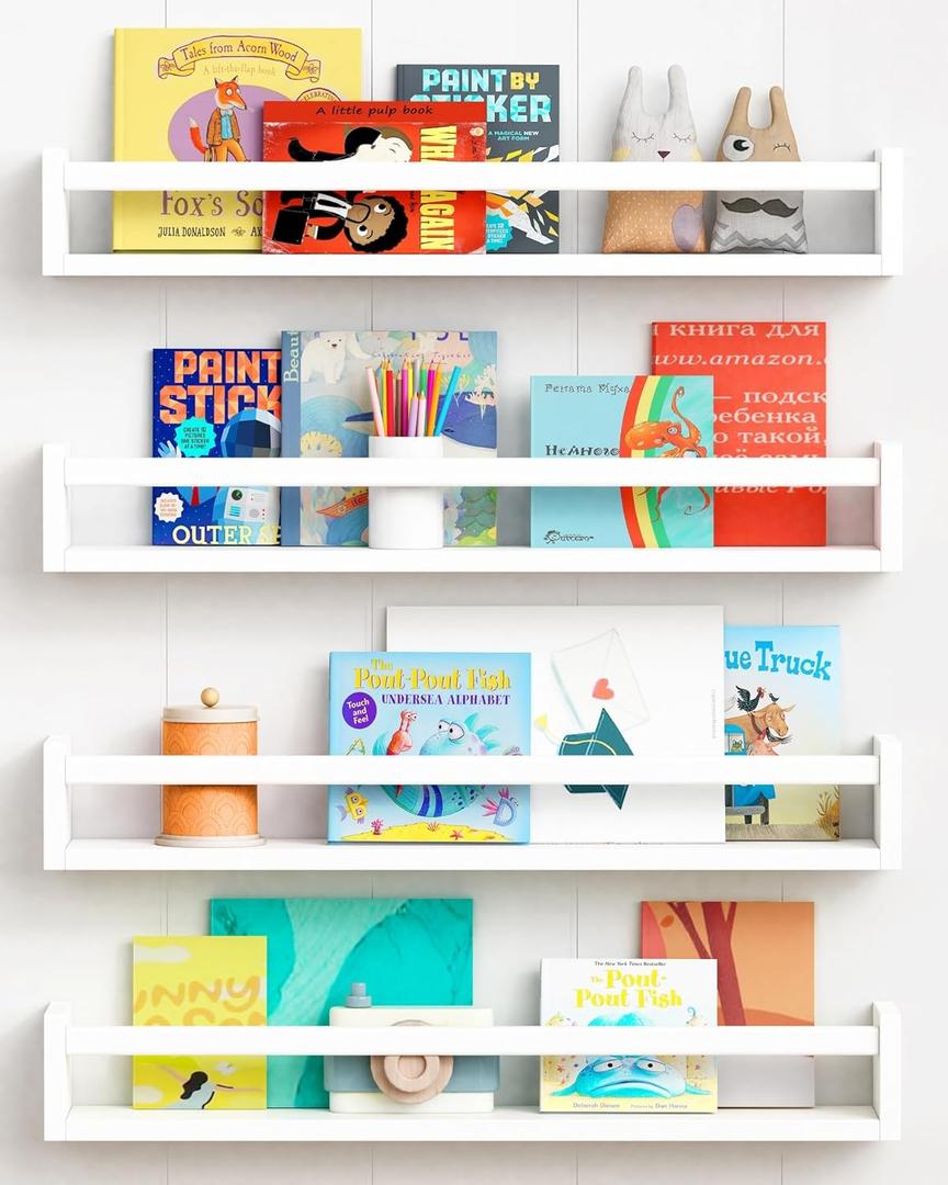 Forbena 24 Inch Wall Bookshelf for Kids Bedroom Set of 4, White Floating Nursery Book Shelves for Baby Toddler Children Girls Boys Room Decor, Large Wood Wall Mount Bookshelves and Toy Storage (23.6 Inch)
