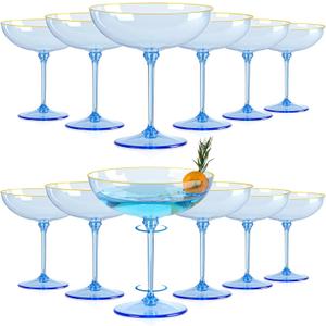12 PCS Plastic Coupe Glasses 9oz Blue Detachable Gold Rim Martini Glass Espresso Champagne Cocktail Cups Disposable Vintage Margarita Glassware for Baby Shower Wedding Birthday Graduation Party