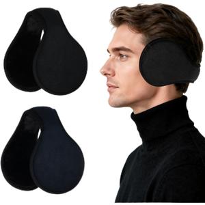 Sucrain 2 Pack Earmuffs For Winter,Unisex Foldable Cold Weather fleece Earmuffs Adjustable Behind The Head Ear Warmers (Navy Blue + Black)