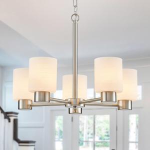 WUZUPS 5-Light Pendant Chandelier Light Frosted White Glass Shade with Grain Ceiling Lighting Elegant Modern Fixture Bathroom Kitchen Dining Room Entry Foyer, H 15.8" W21, E12 Base, Brushed Nickel