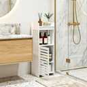 Narrow Bathroom Storage Cabinet, 4-Tier Slim Organizer with Door and Open Shelf for Toilet Small Spaces, White, 7.9" D x 9.8" W x 29.5" H