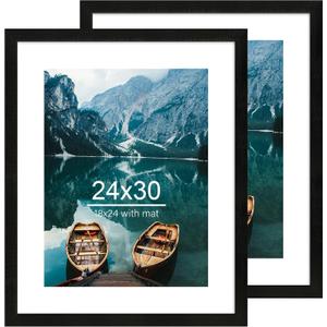 Hongkee 24x30 Frame Set of 2, Rustic Black Wood Style - Display 18x24 Picture Frame with Mat or 24 x 30 Poster without Mat, Wall Mounting Horizontal and Vertical