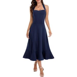 DRESSTELLS Women's Halter Cocktail Dresses 2025 Wedding Guest Formal Prom Bridesmaid Tea Length Split Ruffle Summer Dress (Blue, XL)
