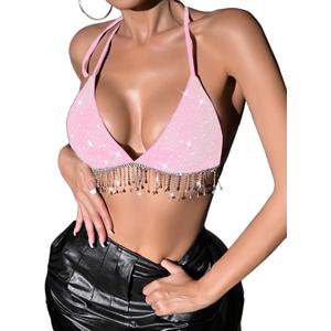 SHENHE Women's Sexy Sequin Halter Backless Rhinestone Fringe Glitter Party Club Crop Top (Pink)