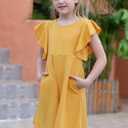 GORLYA Girl's Flutter Sleeve Stretchy A-Line Swing Flared Skater Party Dress with Pockets for 4-12 Years Kids (Yellow)