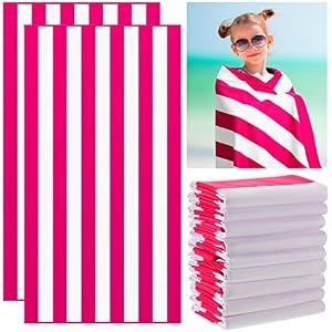 12 Pcs Oversized Microfiber Beach Towel Set 63''x32'' Extra Large Quick Dry Lightweight Thin Sand Free Cabana Pool Towels Bulk for Adults Travel Swim Camping Yoga Gym Sports Gift(Rose Red Striped)